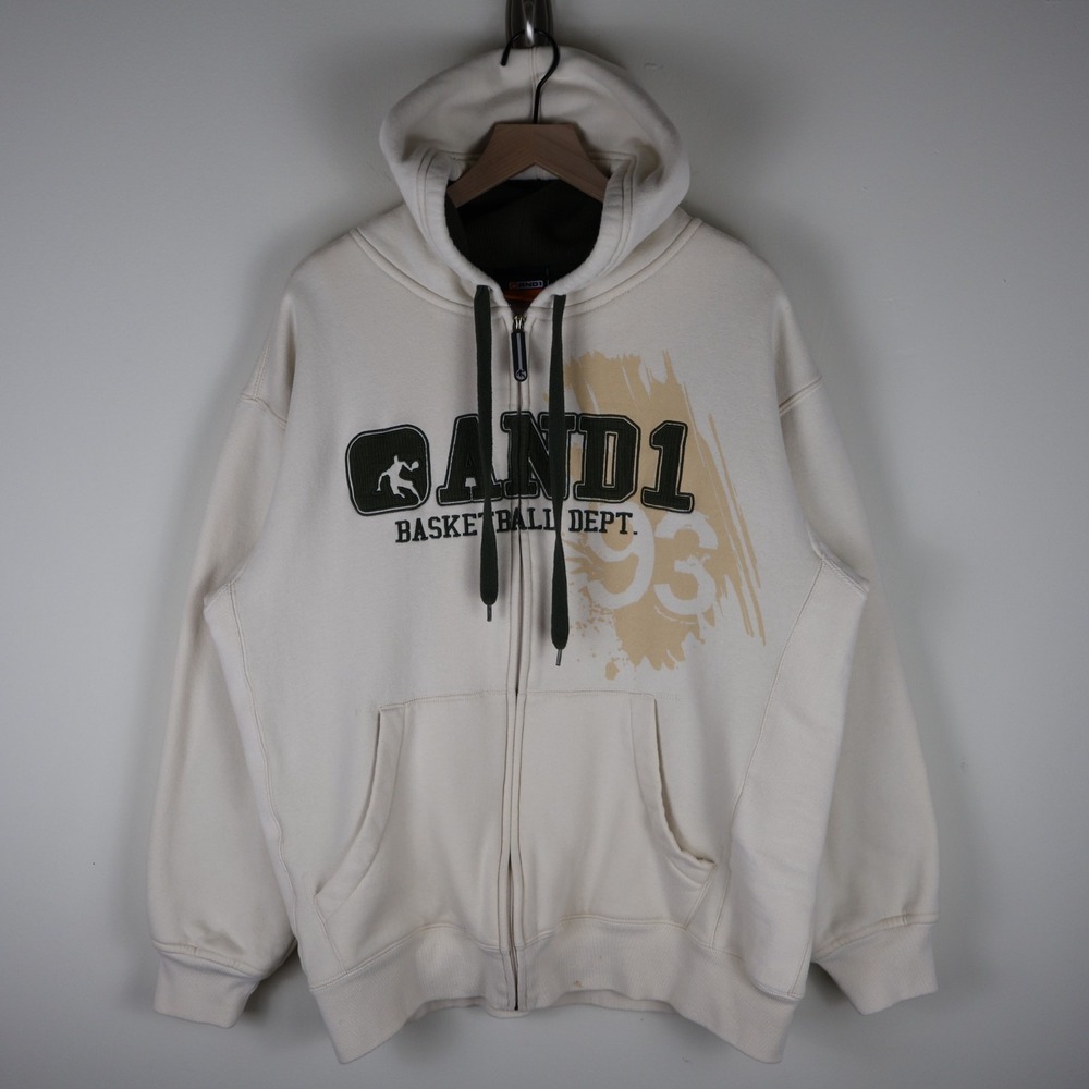 Vintage Y2K‎ AND1 Basketball Embroidered Full Zip Hoodie Ivory Large 25x28